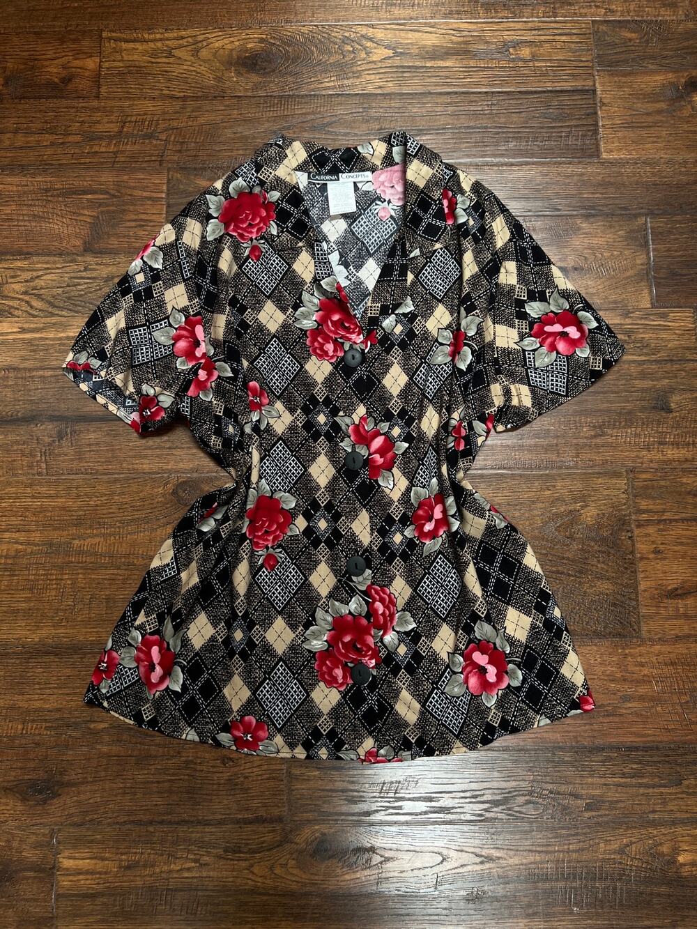 Vintage Rayon Button Front Blouse Argyle Floral Print California Concepts Large